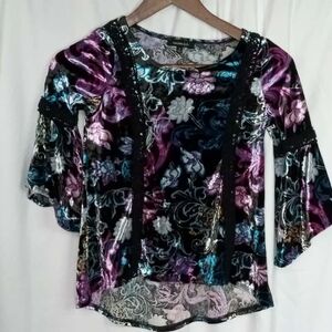 Takara Girls Small Bell Sleeve Velvet Floral Lace Trim Shirt Black Teal Purple